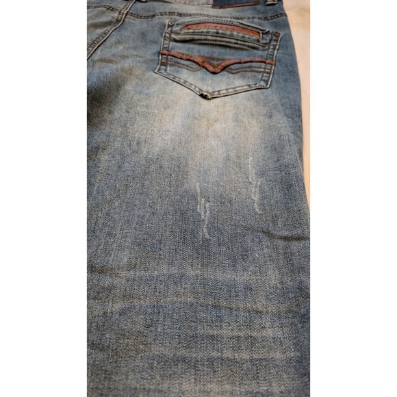 Franky Max Distressed Denim Blue Jeans 38x32 Embroidered Pockets Leather Trim - Picture 9 of 14